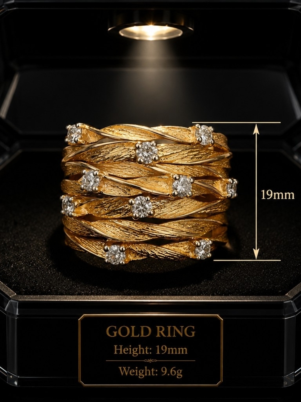 Textured Gold Multi-Band Ring with Clear Stones - Women Jewelry - Picture 4 of 8